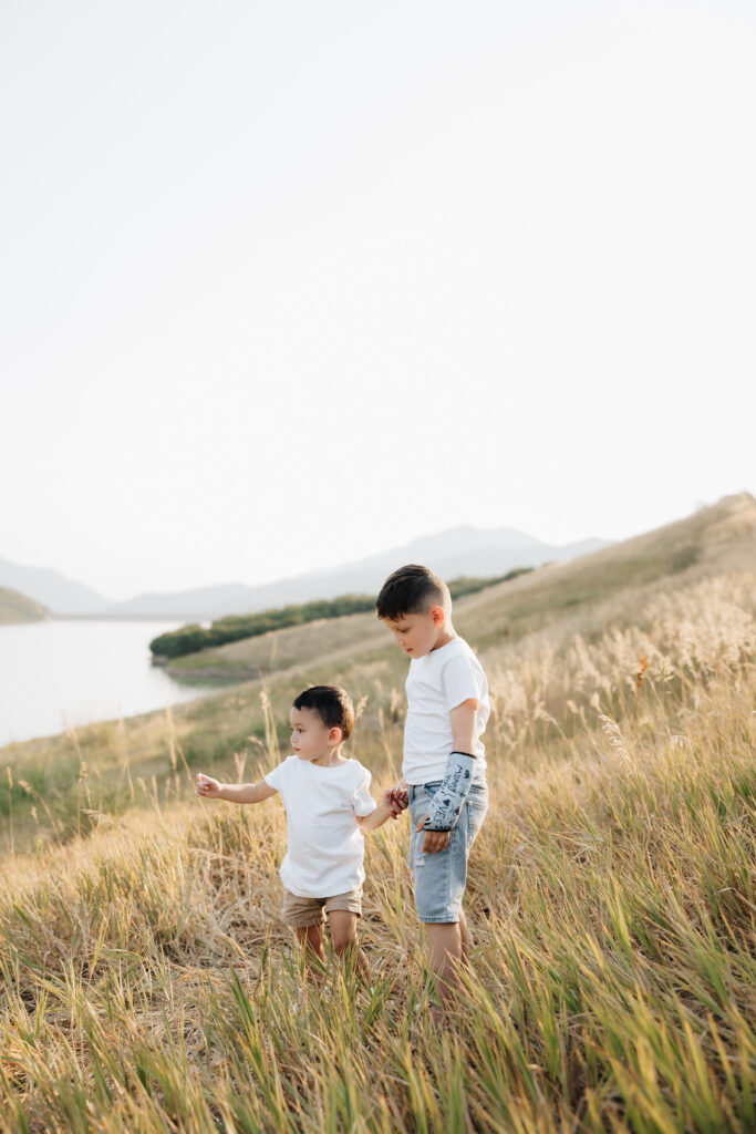 Two little boys in the field looking out.